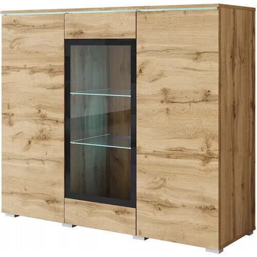 Moderne hoge vitrinekast 120 cm voor woonkamer 3 deuren eik wotan mat
