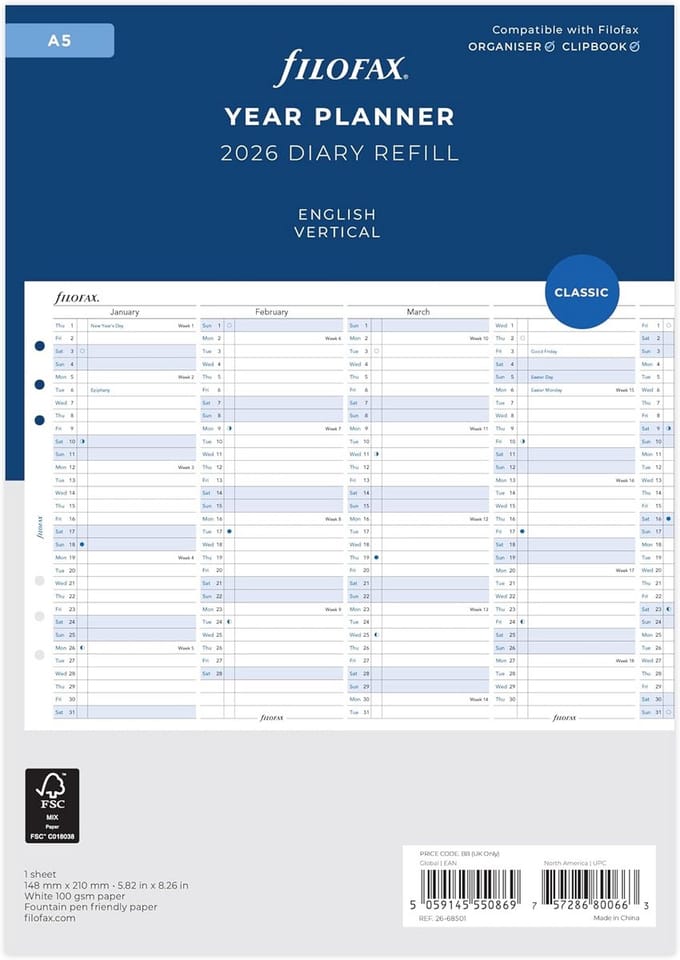 A5 Engelse Verticale Jaarplanner 2026 - Ideaal voor Organisatie