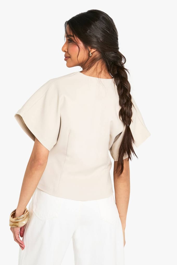 boohoo Dames Geweven Top met Knopen en Capmouwen | Steen | Maat: 36
