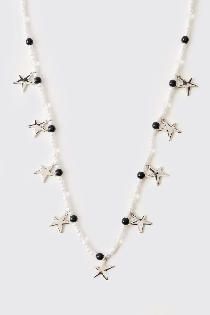 White Faux Pearl Necklace with Silver Stars