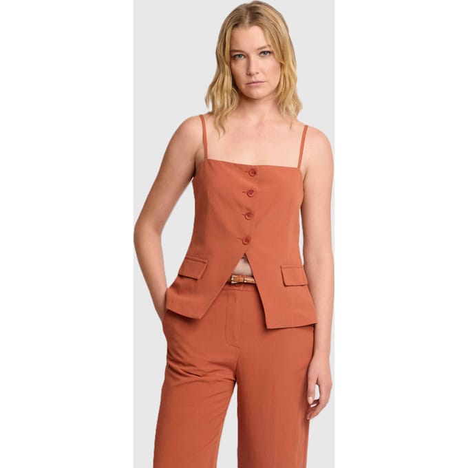 top met bandjes en knopen vrouw oranje