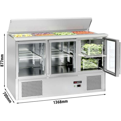 GGM Gastro Saladette ECO - 1368mm - 3 glazen deuren - met RVS deksel voor GN 1/1 zilver
