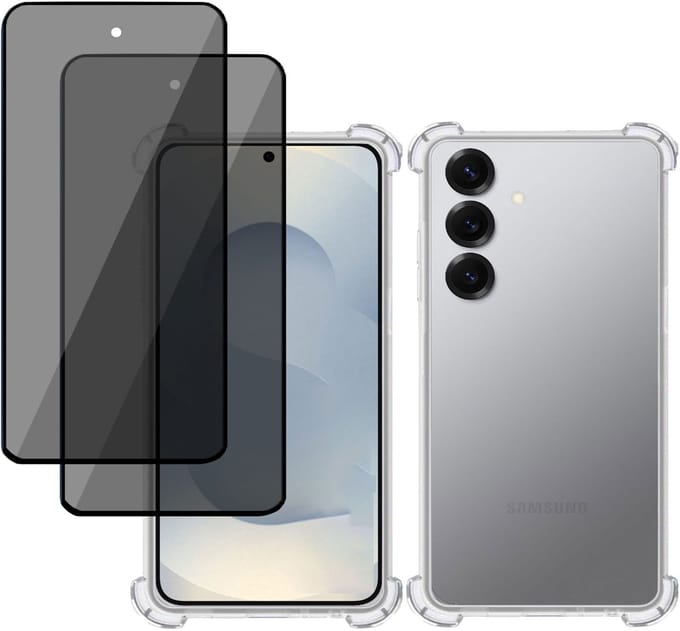 TechNow Hoesje + 2x Privé Screenprotector geschikt voor Samsung Galaxy S25 Plus – Privacy Tempered Glass - Case Transparant