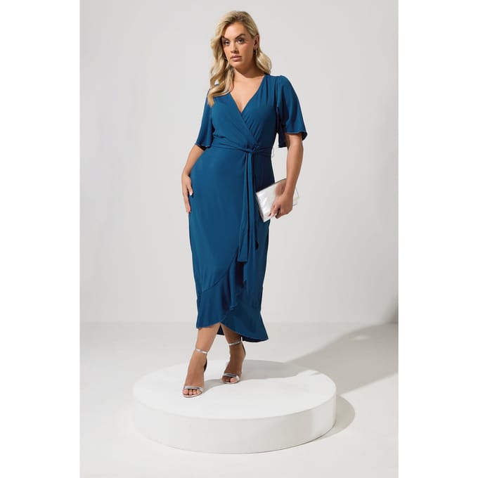 Yours London Blauwe Wikkelmaxijurk Met Korte Mouwen En Ruches Size 52