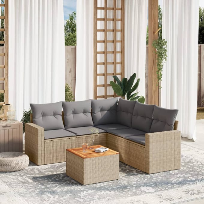 vidaXL - 6-delige - Loungeset - met - kussens - poly - rattan - beige