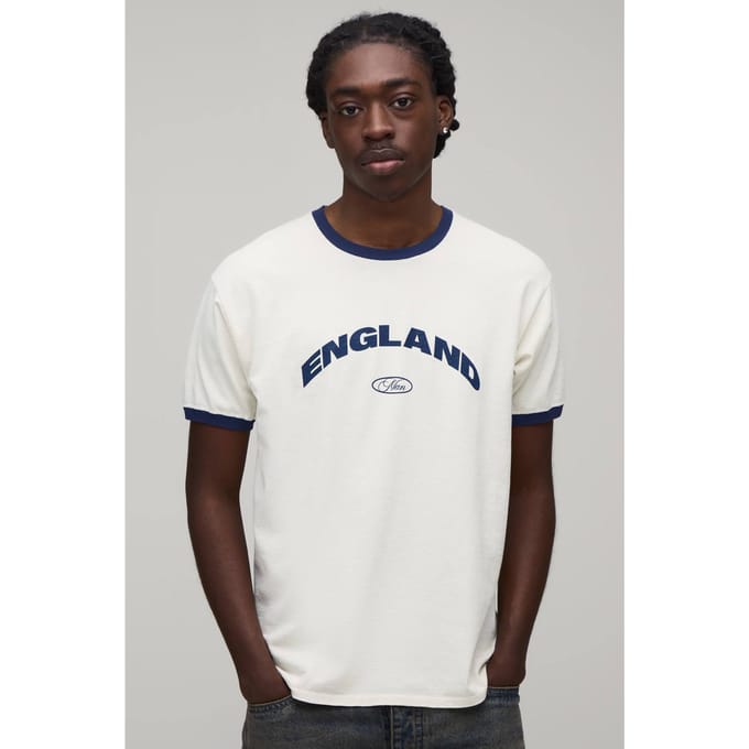 Regular England Print Ringer T-Shirt | Ecru | Size Small