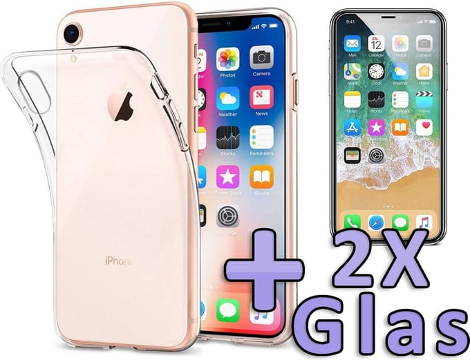 HB Hoesje Geschikt voor Apple iPhone XR - Siliconen Back Cover / 2X Glazen Screenprotector - Transparant
