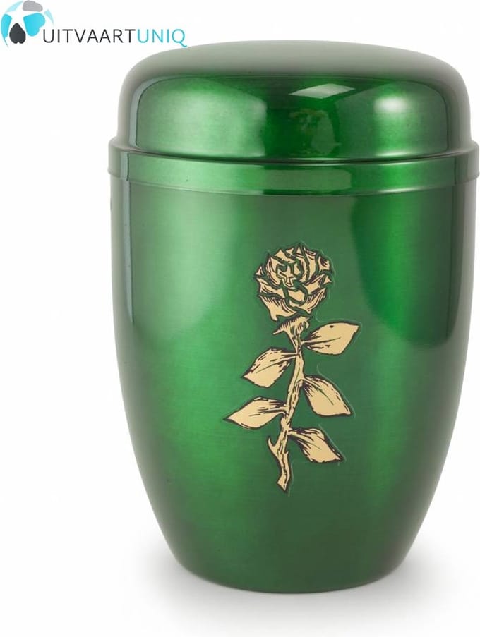 Bokaal urn groen met roos - staal