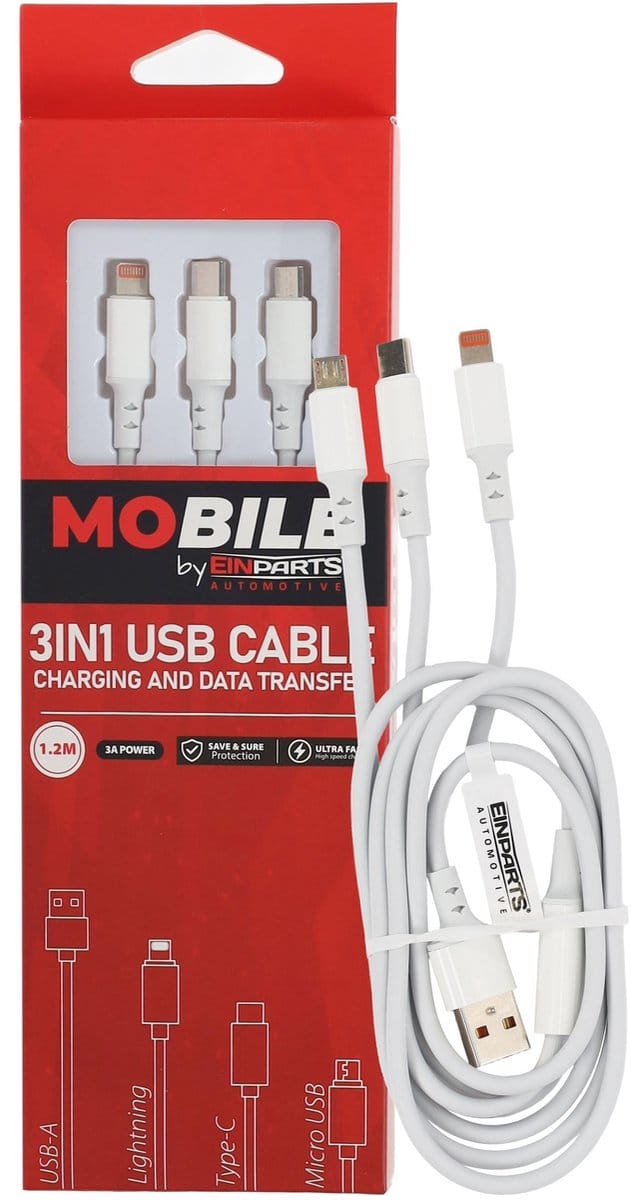 Einparts 3-In-1 Kabel 12M 3A Voor Usb-C, Micro-Usb En Lightning Met Stalen Connectoren