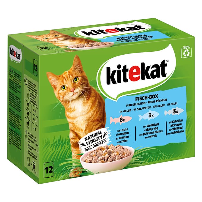 48x85g Maaltijdzakjes Vis Box in Gelei Kitekat Kattenvoer
