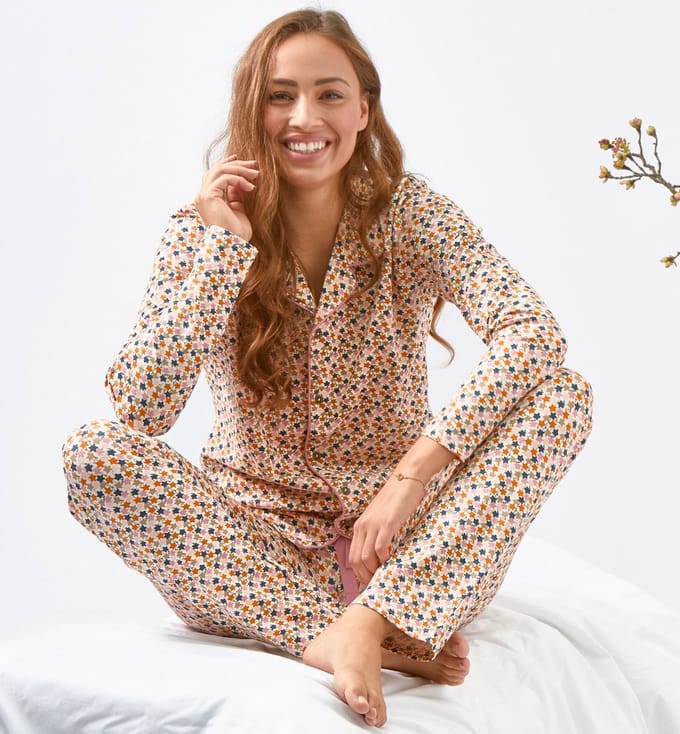 Little Label - dames pyjama - roze bladeren - XS/34-36 - Zachte BIO Katoen