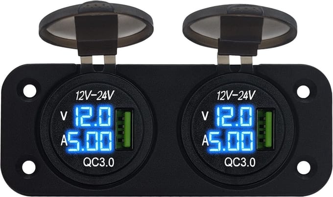 ProRide 12V USB Stopcontact met Voltmeter/Ampèremeter - Tweevoudig Inbouw - QC3.0 - USB Autolader, Boot en Camper