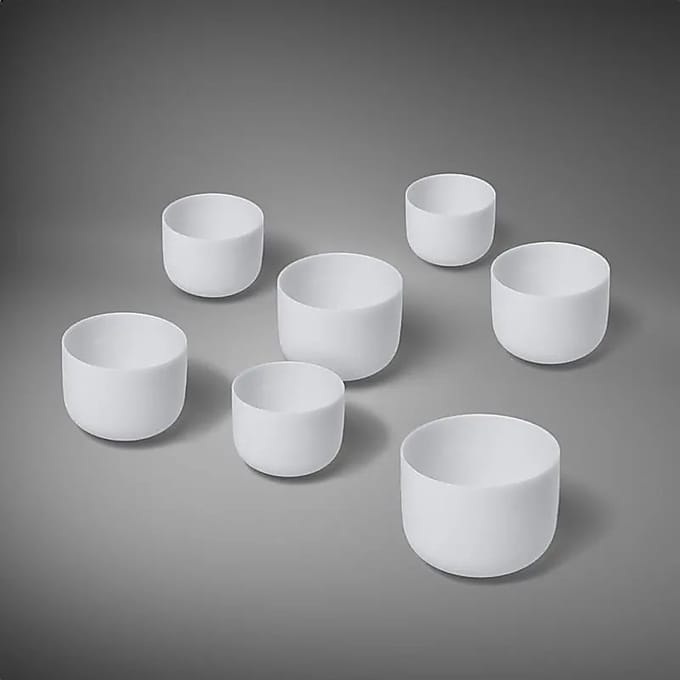 Kristallen Klankschalen Set - Wit - 7 Chakras + tassen