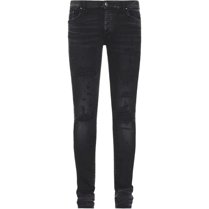 Amiri slim fit thrasher plus verouderde zwarte denimjeans