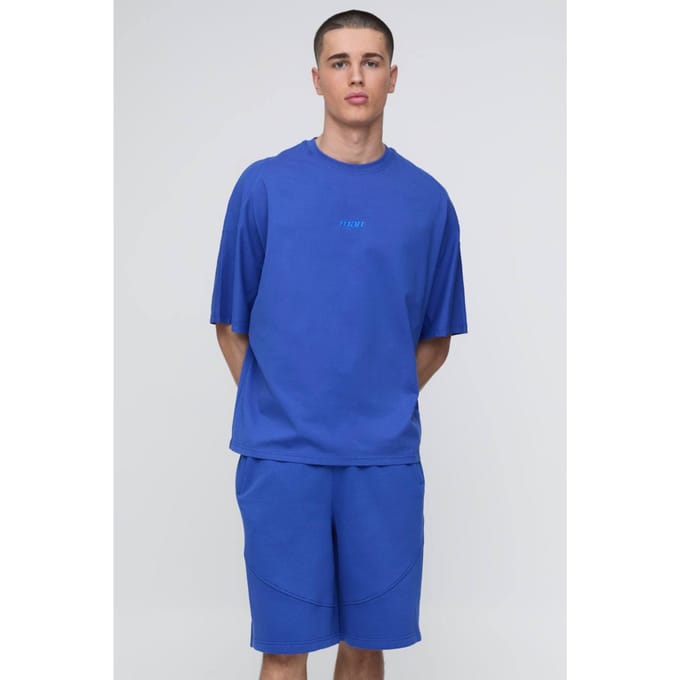 Oversized Panelled Man Embroidered T-Shirt and Short Set | Cobalt | Size Medium