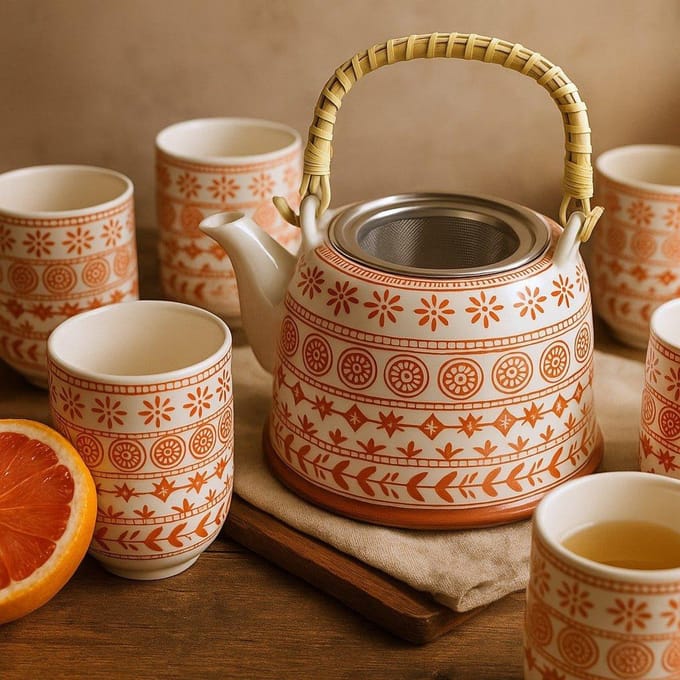 Kruidenthee Servies - Roze - Theepot Met Metalen Zeef + 6 kopjes