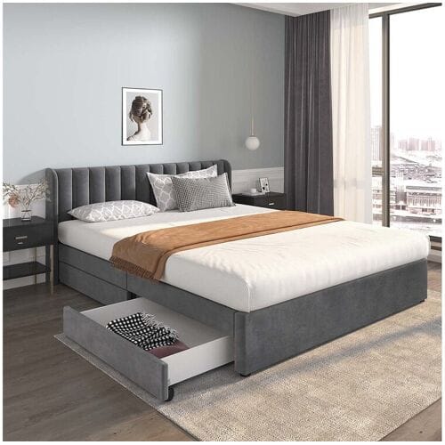 ModernLuxe Bed van 180x200cm met 2 laden - bekleed met fluweel - moderne stijl - Grijs