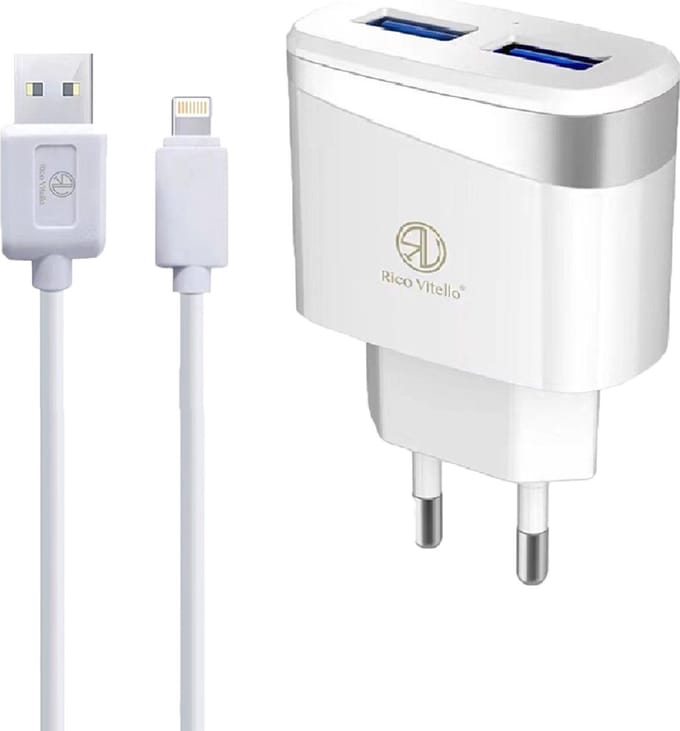 Tuislader/Oplader /Home charger Rico Vitello, thuislader 2,4A + 1 meter kabel wit, USB- Lightning Geschikt voor Apple iPhone, travel charger , CE certificate