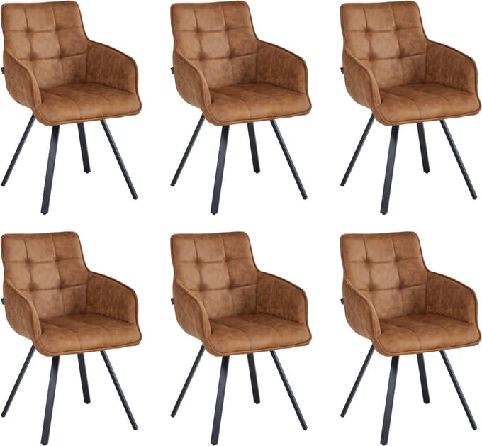 Colenis® - Taha Eetkamerstoel - Set Van 6 - Cognac - Microfiber Stof - Met armleuning - Draaistoel - 180°