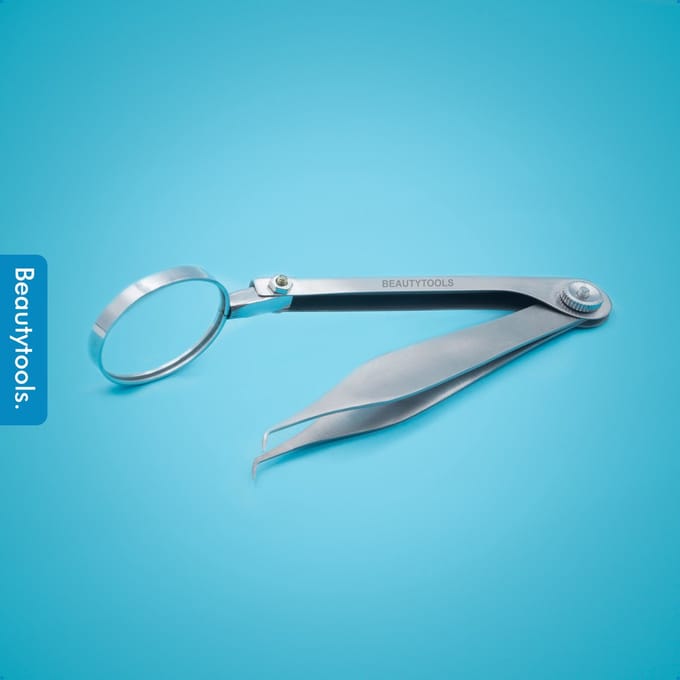 BeautyTools MAGNIFY Punt Pincet SOLID-GRIP - Pincet met Kromme Punt en Microvertanding Voor Splinters - Tweezers met Ingebouwd Vergrootglas (13 cm) - Inox (PT-2403)