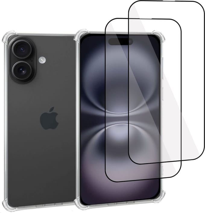Geschikt voor Apple iPhone 16 Plus - Hoesje + 2x Screenprotector – Full Cover Gehard Glas + Shock Proof Case – Transparant