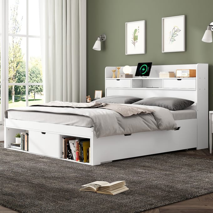 REDOM Bedframe 140x190 cm – Pijnhout/MDF wit – Met USB, Type-C, stopcontacten & opbergruimte
