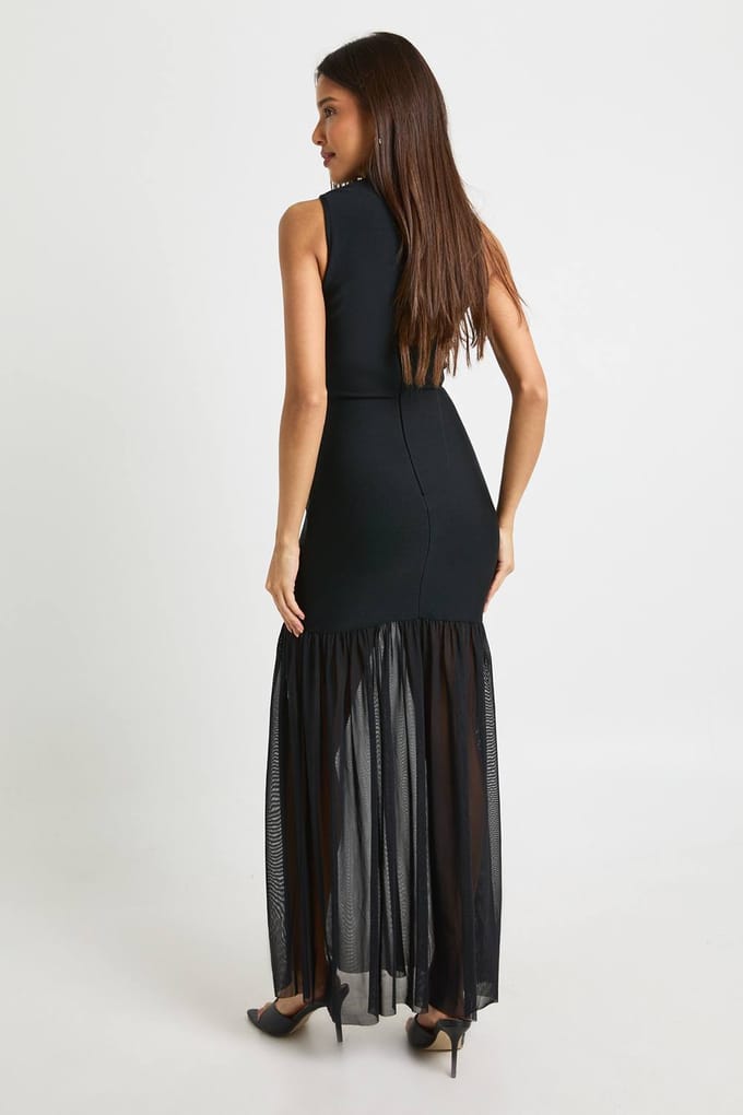 boohoo Dames Bandage Hoge Hals Mesh Rok Maxi Jurk | Black | Maat: 10