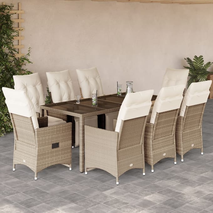 vidaXL - 9-delige - Bistroset - met - kussens - poly - rattan - beige