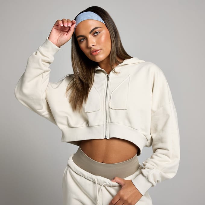 MP geropte hoodie met rits en opgestikt motief - Beenwit - XL