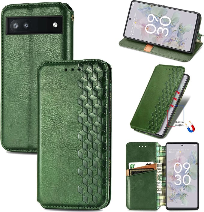 Luxe PU Lederen Ruitpatroon Wallet Case + Glas Screenprotector voor Google Pixel 6a _ Groen
