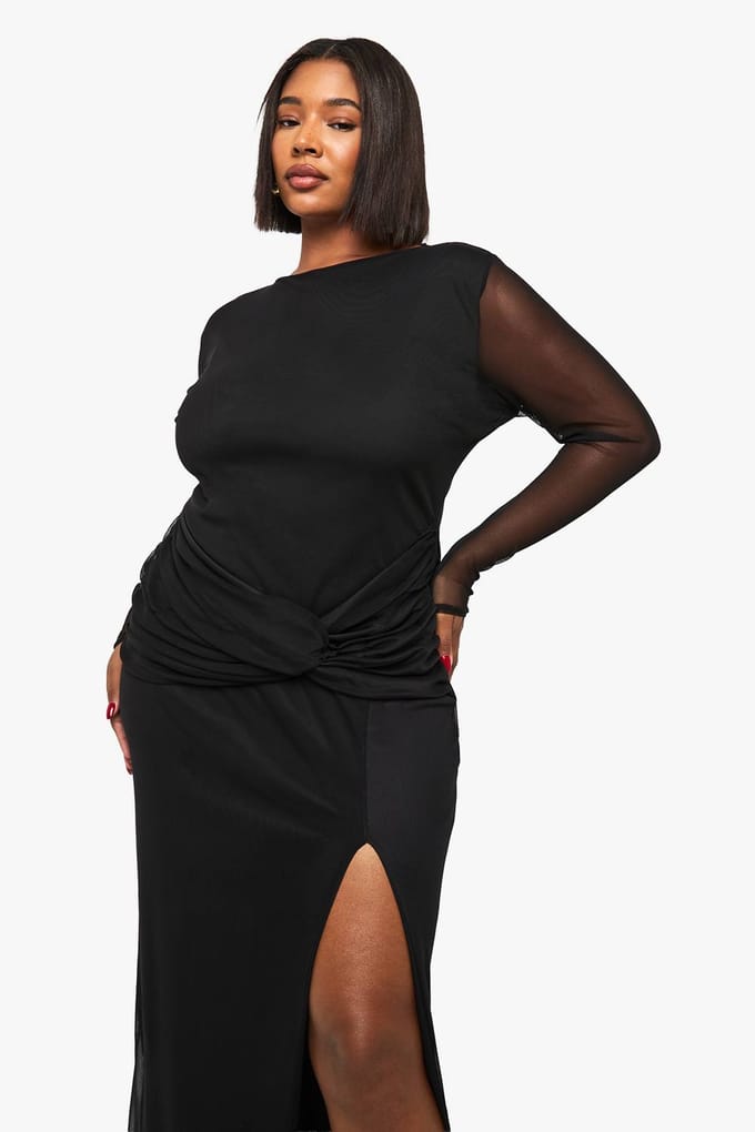 boohoo Dames plus maxi-jurk met mesh en twistdetail | Black | Maat: 28