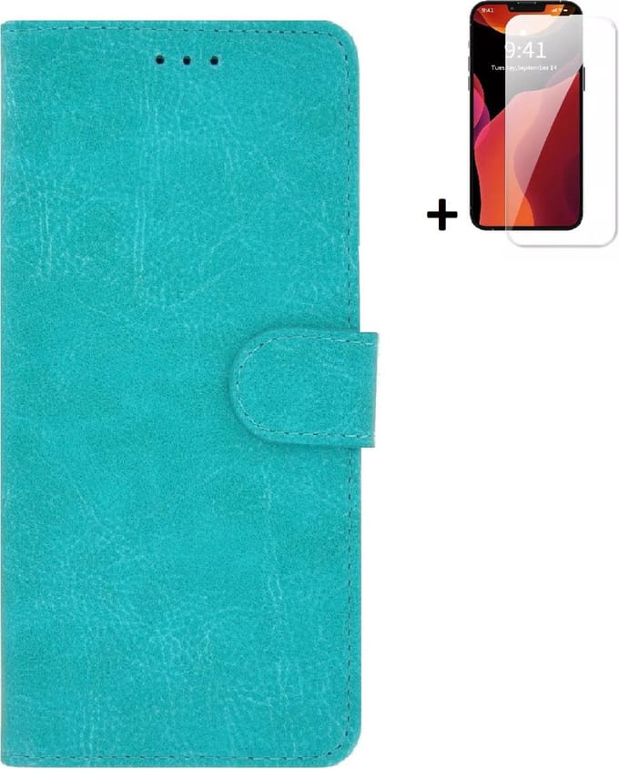 Geschikt voor iPhone 14 Plus Hoesje - Bookcase - iPhone 14 Plus Screenprotector - Pu Leder Wallet Book Case Turquoise Cover + Screenprotector