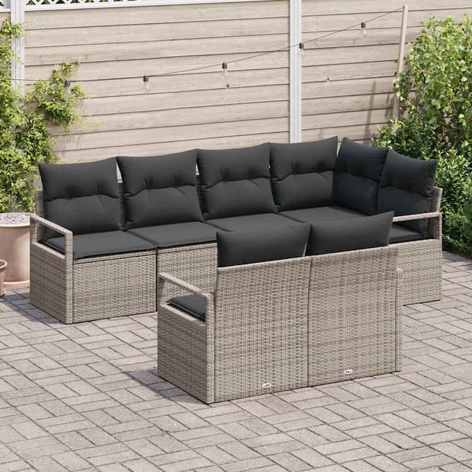 vidaXL Tuinbank Set met kussen met opslag 7 pcs Grijs poly rattan
