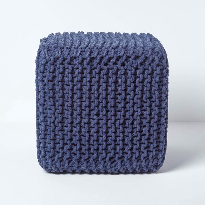 Grote Gebreide Kubus Poef - Marineblauw - 100% Katoen