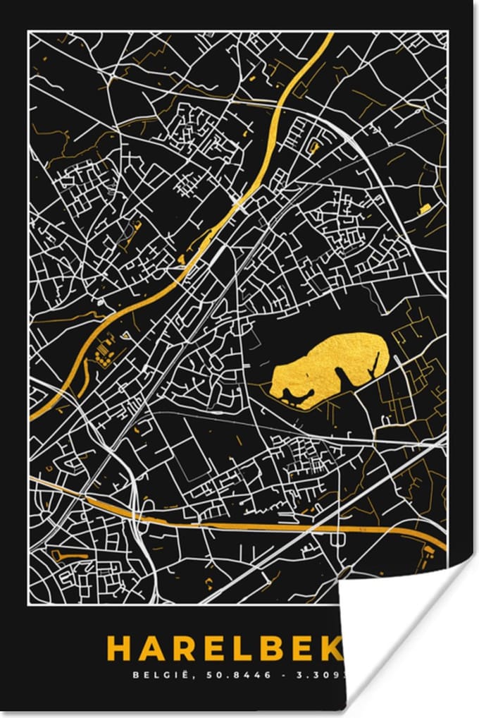 Poster Plattegrond - Goud - Harelbeke - Stadskaart - Kaart - 20x30 cm