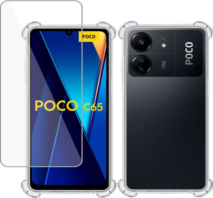 Hoesje + Screenprotector geschikt voor Poco C65 – Tempered Glass - Extreme Shock Case Transparant