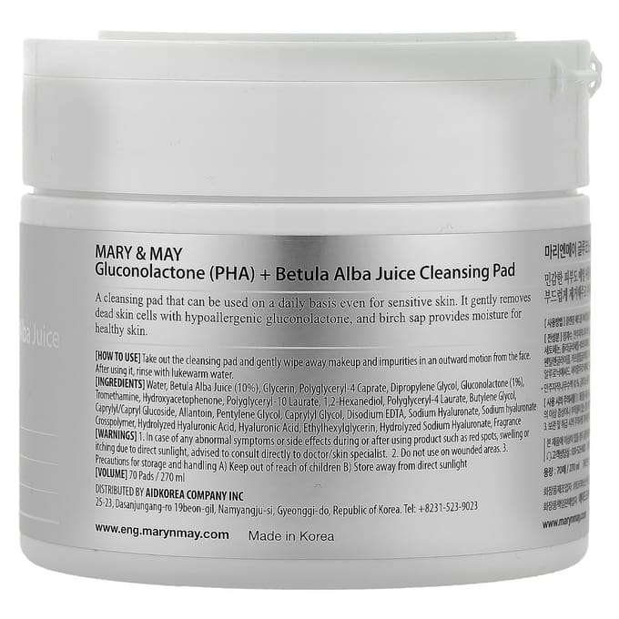 Mary & May, Gluconolactone (PHA) + Betula alba juice cleansing pad, 70 sheets, 270ml white