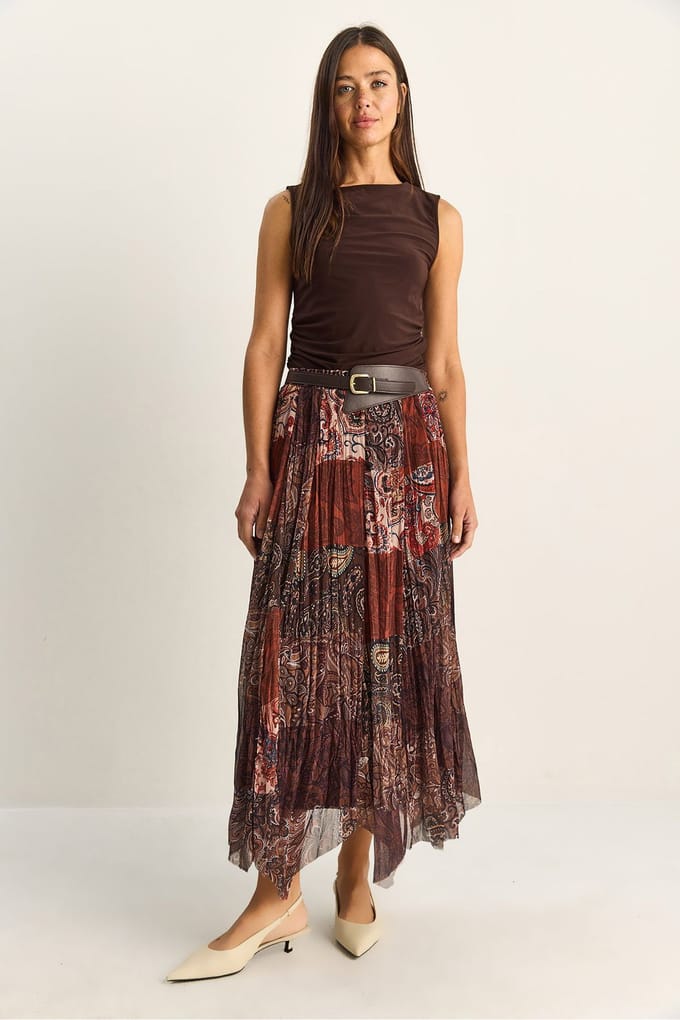 Hoge Taille Paisley Print Midi Rok met Ceintuur