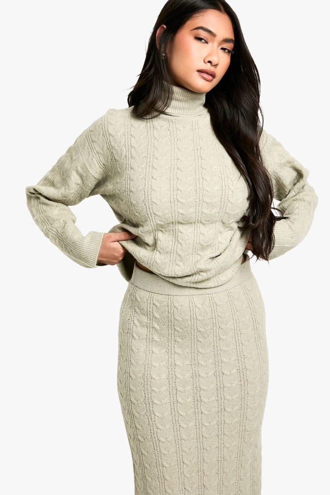 boohoo Dames Zachte kabel rollkrag trui en maxi rok co-ord | Stone | Maat: Medium