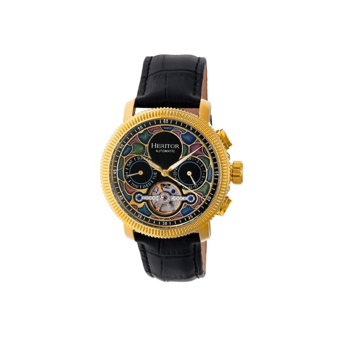 Heritor Automatic Aura Heren Semi-Skelet Lederen Band Horloge - Goud / Zwart