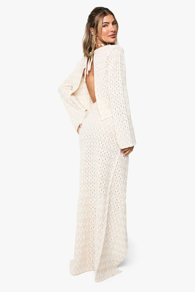 boohoo Dames Zig Zag Gebreide Strand Maxi Rok | Beige | Maat: Medium