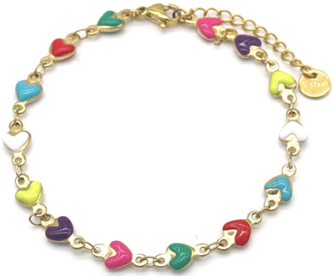 Armband Dames - Hartjes - RVS - Lengte 17-21 cm - Goudkleurig en Multicolor – valentijn – cadeau