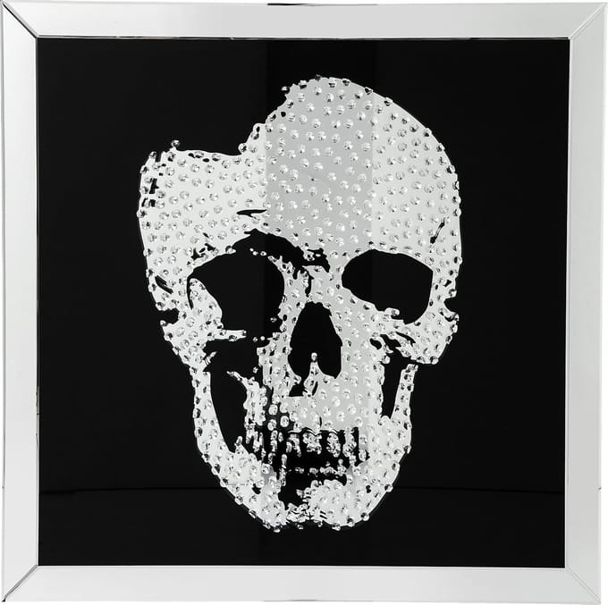 Grote Vierkante Wandspiegel met Moderne Doodshoofd Afbeelding - Zwart/Zilver Decoratie