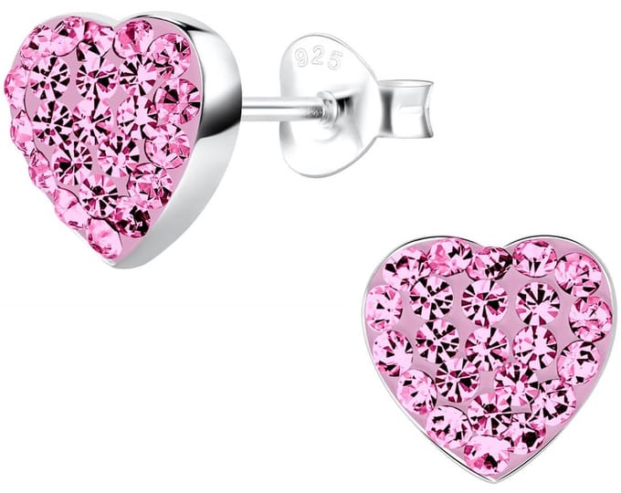 Joy|S - Zilveren elegance hartje oorbellen - 9 x 8 mm - roze kristal