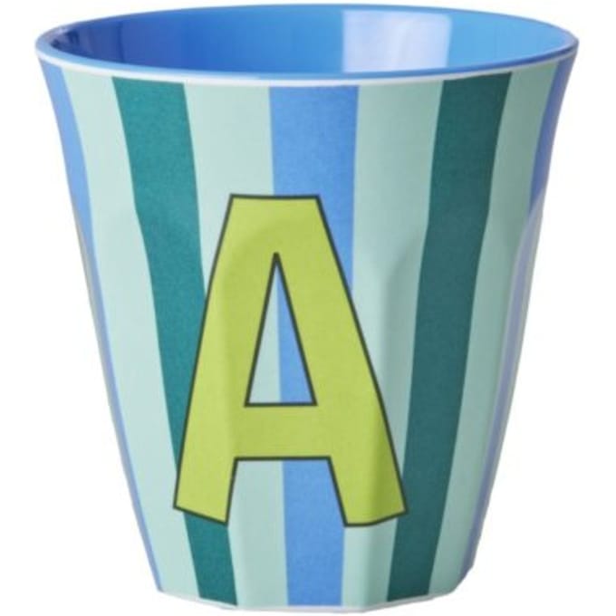 Rice melamine beker medium gestreept letter a, blauw