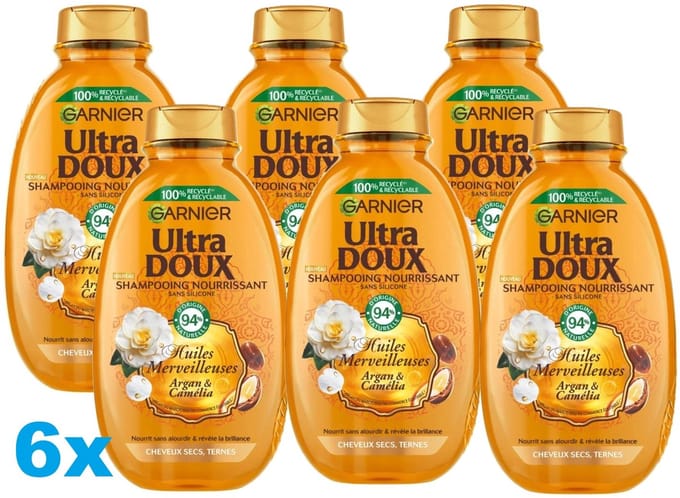 Garnier Ultra Doux Shampoo Argan & Camelia – 6 x 250 ml – Voedende Shampoo voor Droog Haar - 6 stuks
