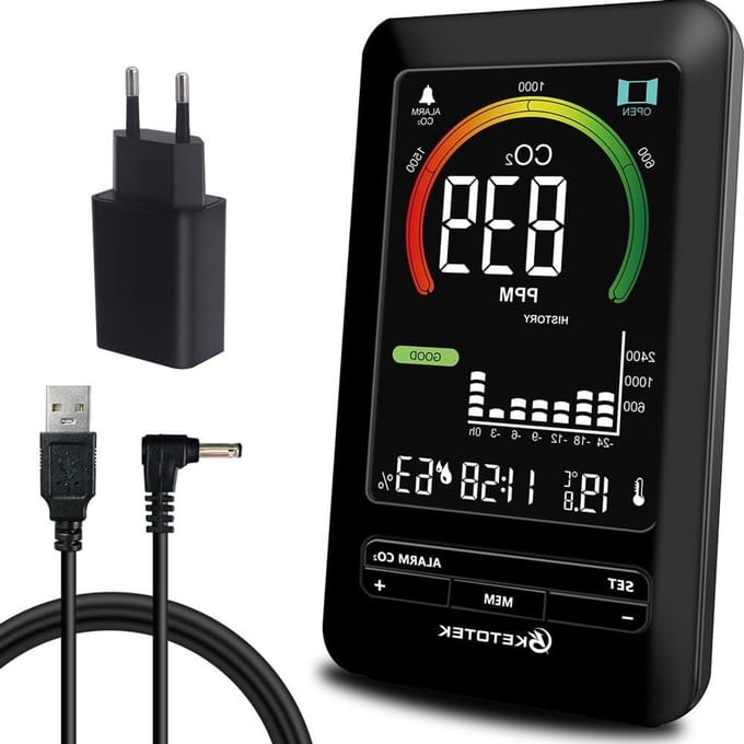 CO2 Meter - Luchtkwaliteit Sensor - Binnenklimaat Meten - 3-in-1 Detector - 400-5000PPM - Zwart