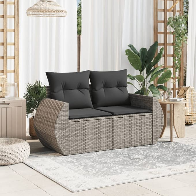 vidaXL - Tuinbank - 2-zits - met - kussens - poly - rattan - grijs