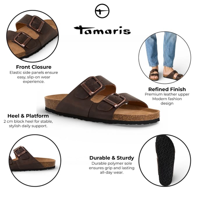 Tamaris herenslippers van bruin leer met instapzool en voetbed.