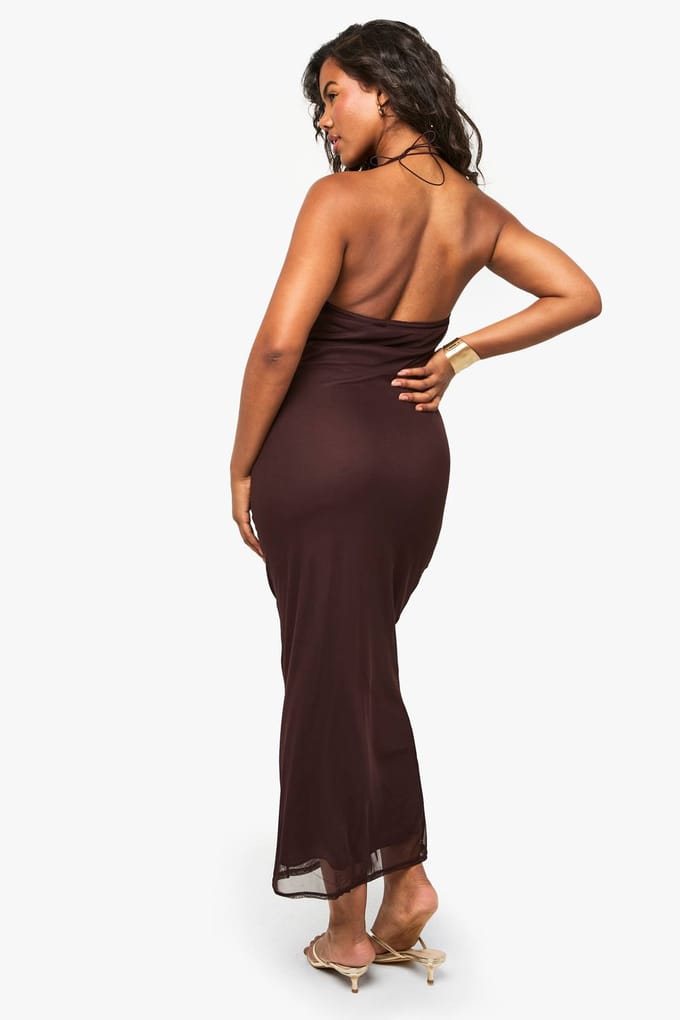 boohoo Dames Mesh Cowl Maxi-jurk | Chocolate | Maat: 16
